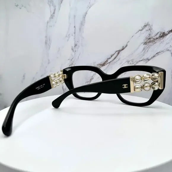 New CHANEL Eyeglasses Black Gold Cat Eye Clear Rotating Pearls 52mm - Picture 8 of 15